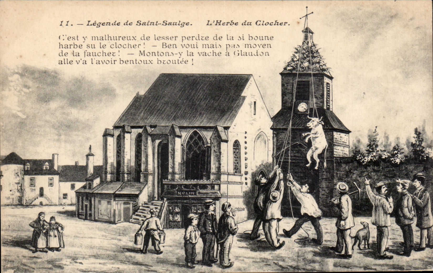 CPA Legende de St Saulge L'herbe du clocher Vache 