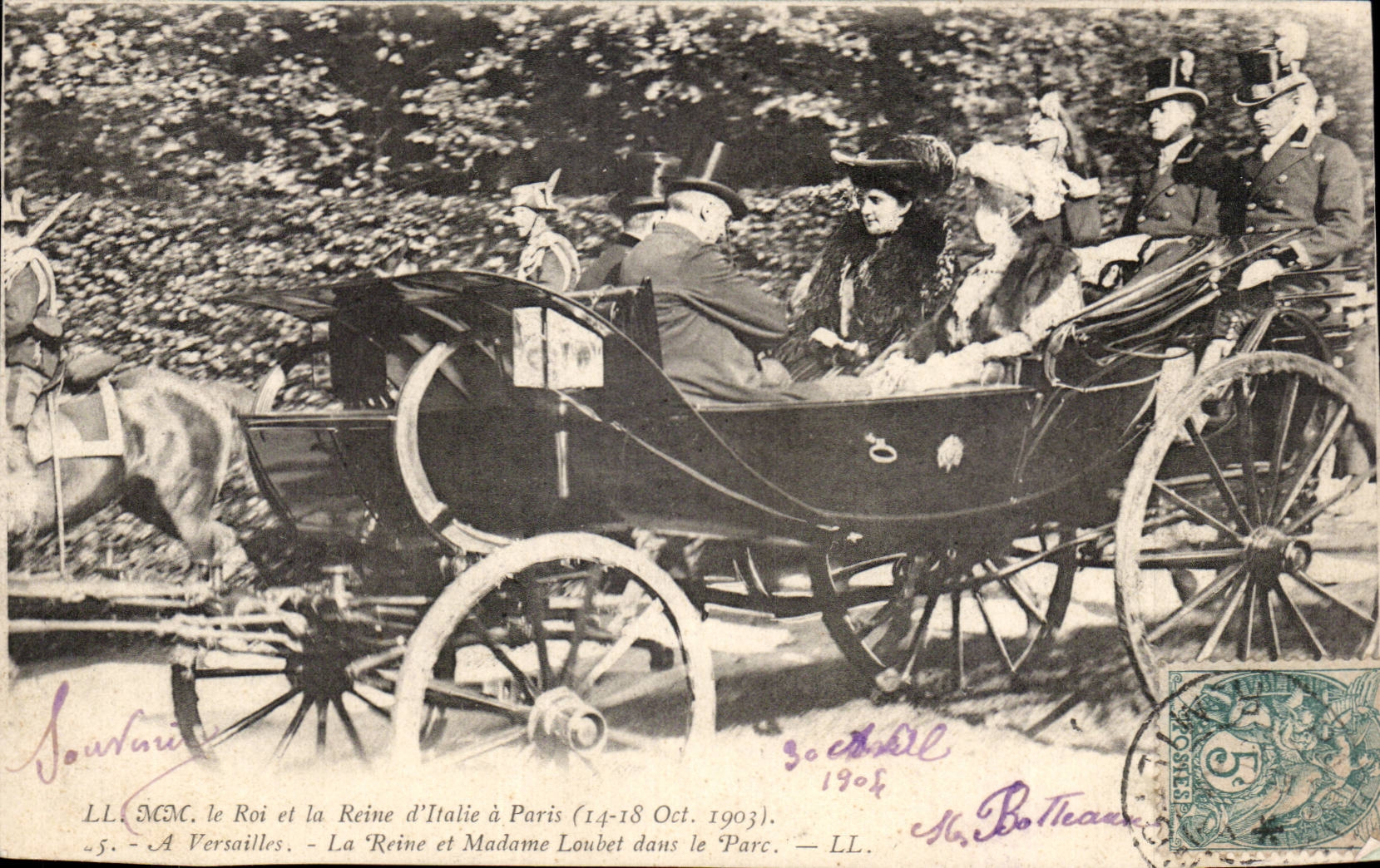 CPA SM the king and the Queen of Italy has Paris 14 October 18th  1903 has Versailles the queen and Mrs Loubet in the park