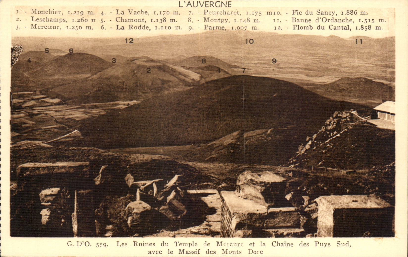 CPA Auvergne the ruins of the Mercury temple and the chain of Southern Puys with the solid mass of the Mounts Gilds