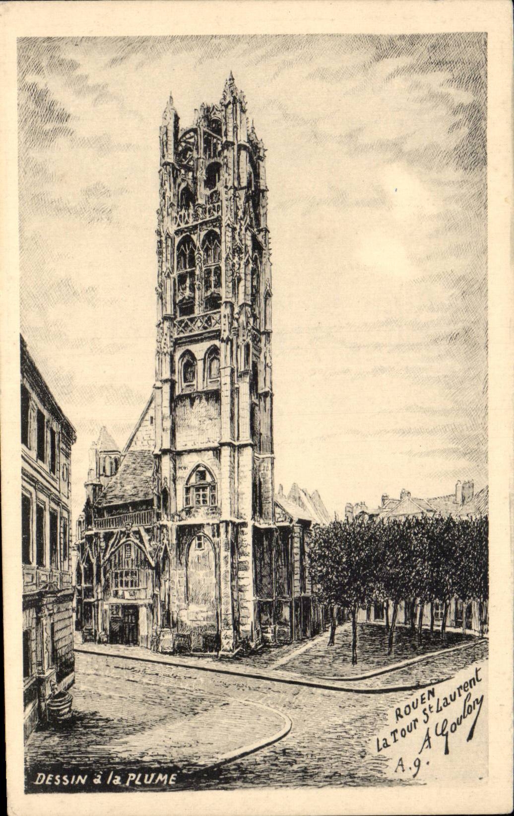 Rouen - the St Laurent tower - Pen-and-ink drawing - CPA