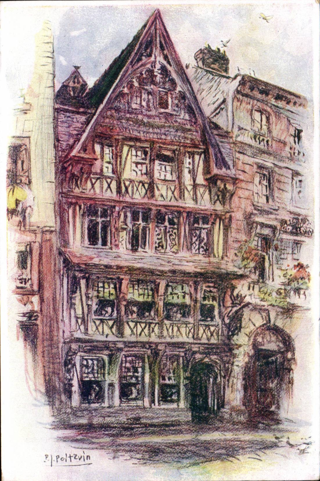 Rouen - Old woman House - Pen-and-ink drawing - CPA