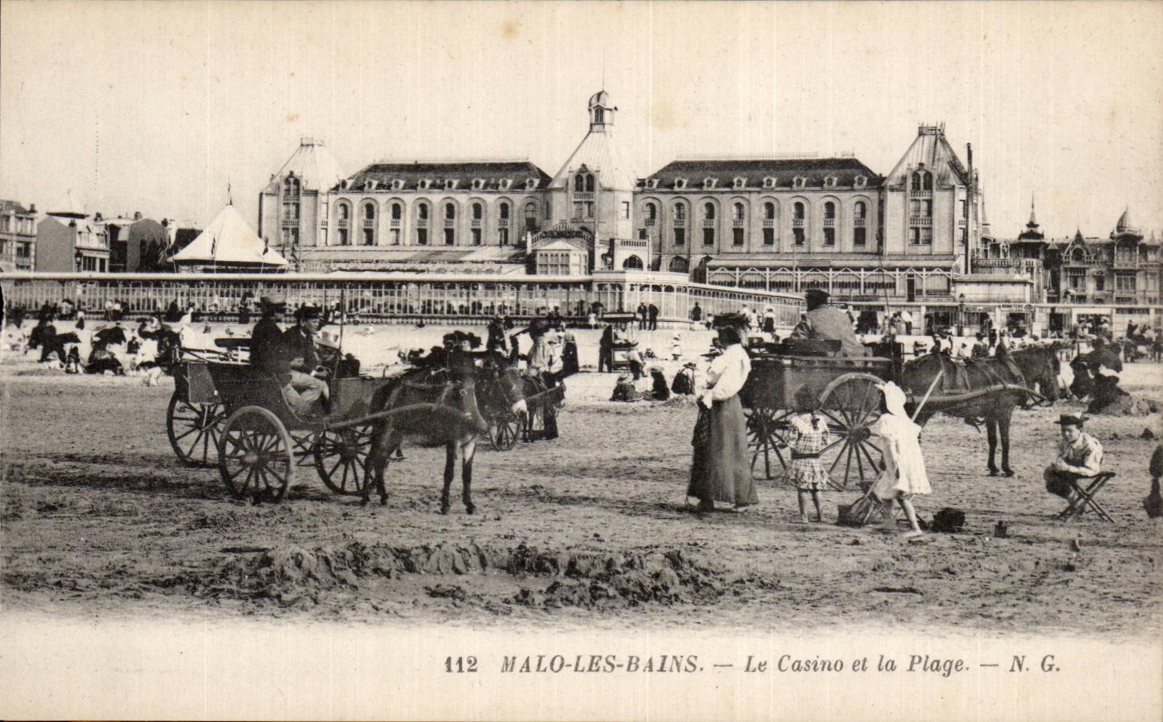 Malo les Bains - the Beach and the Casino - horse - horse Ass Donkey - CPA