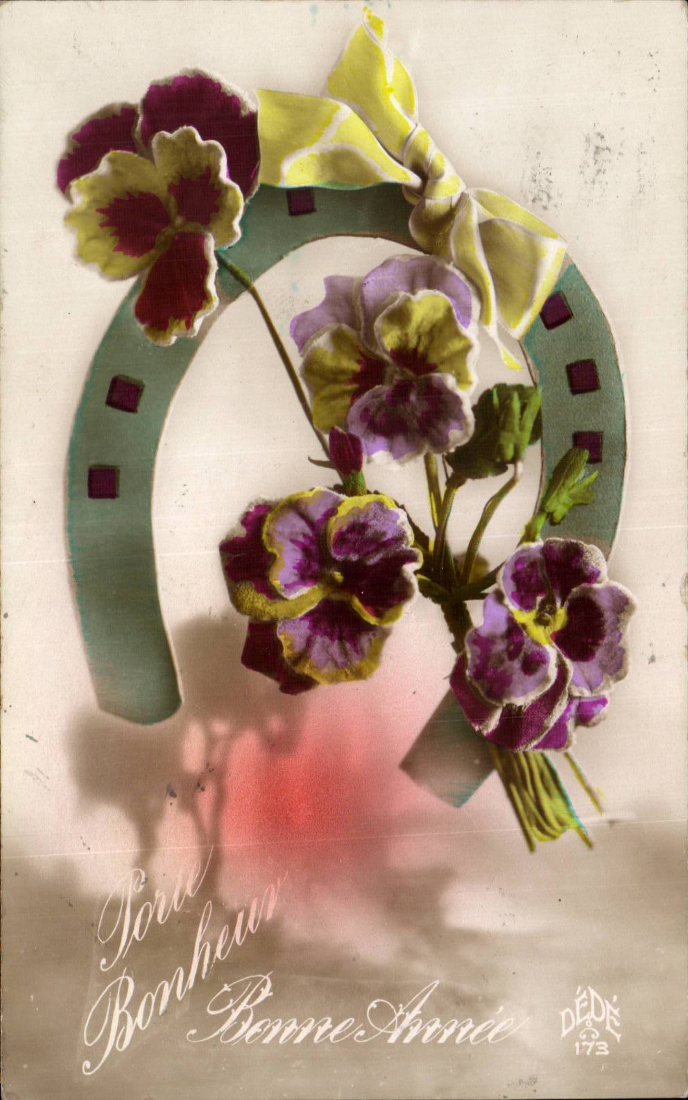 CPA Fantasy Flowers and horseshoe Happy New Year