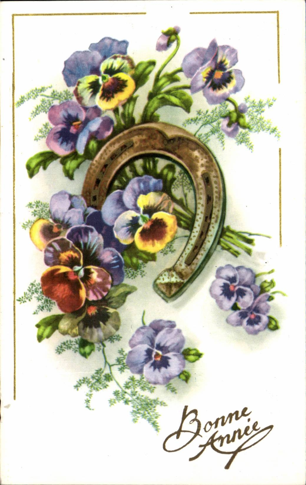 CPA Fantaisie Fleurs Fer a cheval Bonne annee