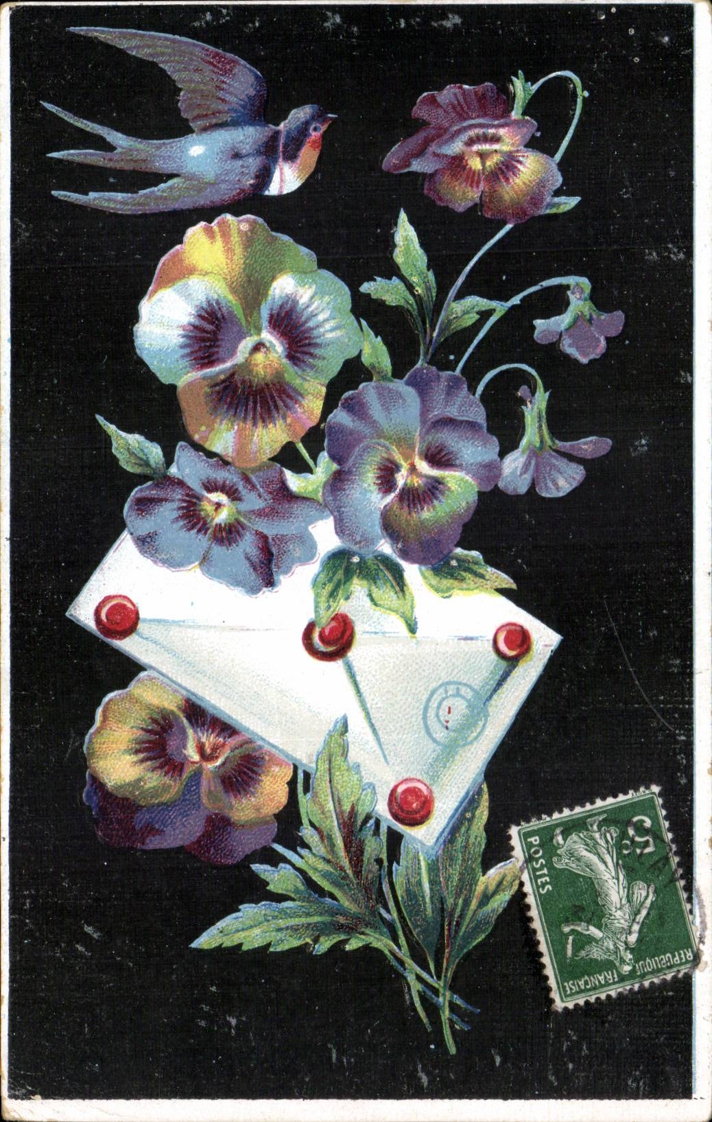 CPA Fantaisie Fleurs et hirondelle