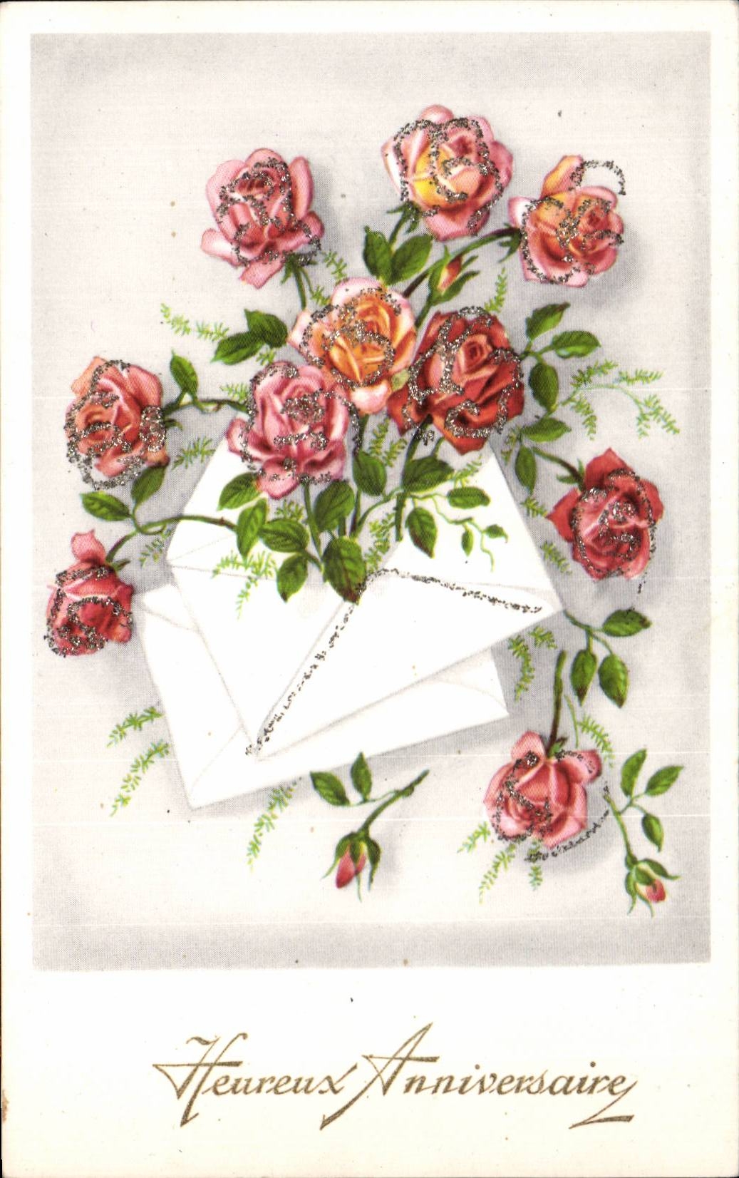 Fleurs Heureux Anniversaire - Rose - CPA 