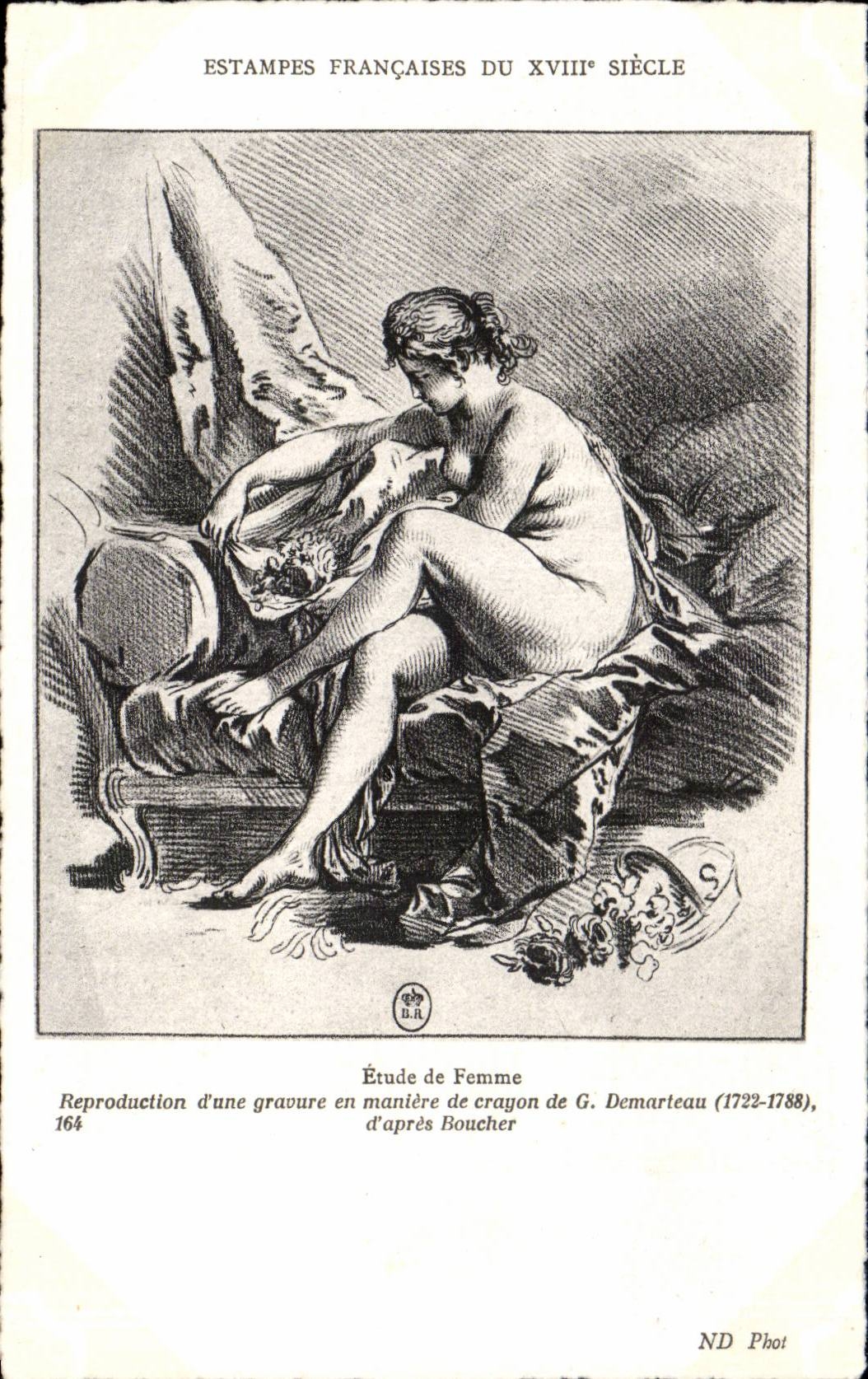 CPA Fantaisie Estamp francaise du 18eme Etude de femme Demarteau 1722 1788 Boucher Nu erotique