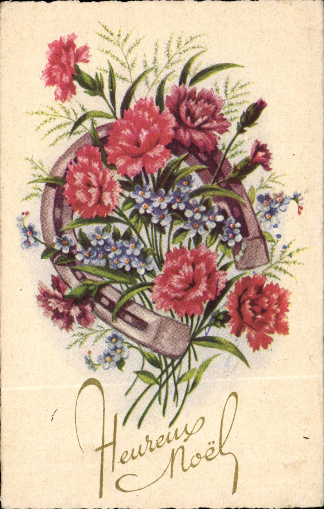 Fleurs Oeillet - Carnation - Heureux Noel Fer a cheval - CPA 