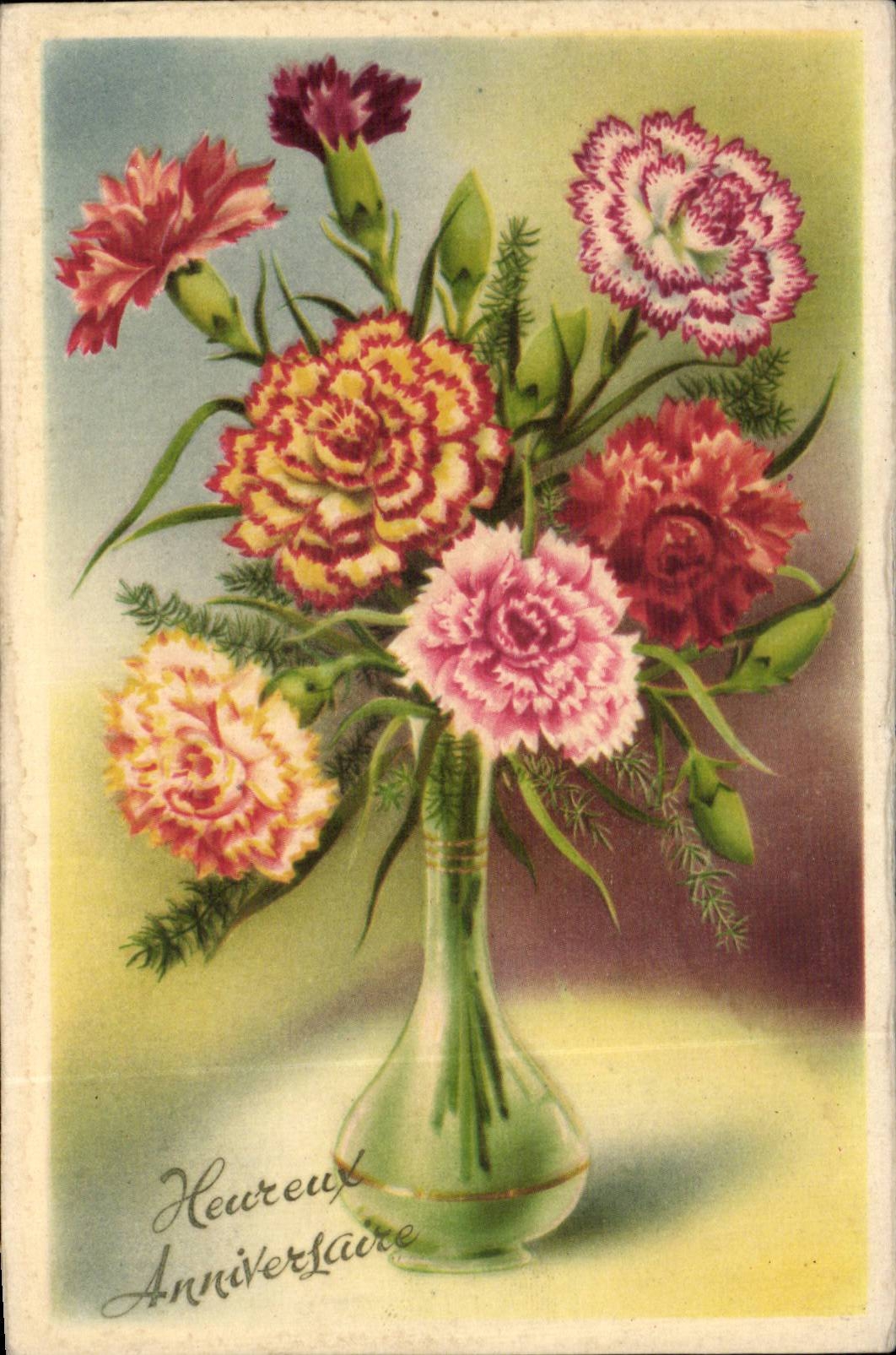 Fleurs Oeillet - Carnation - Heureux Anniversaire - CPA 