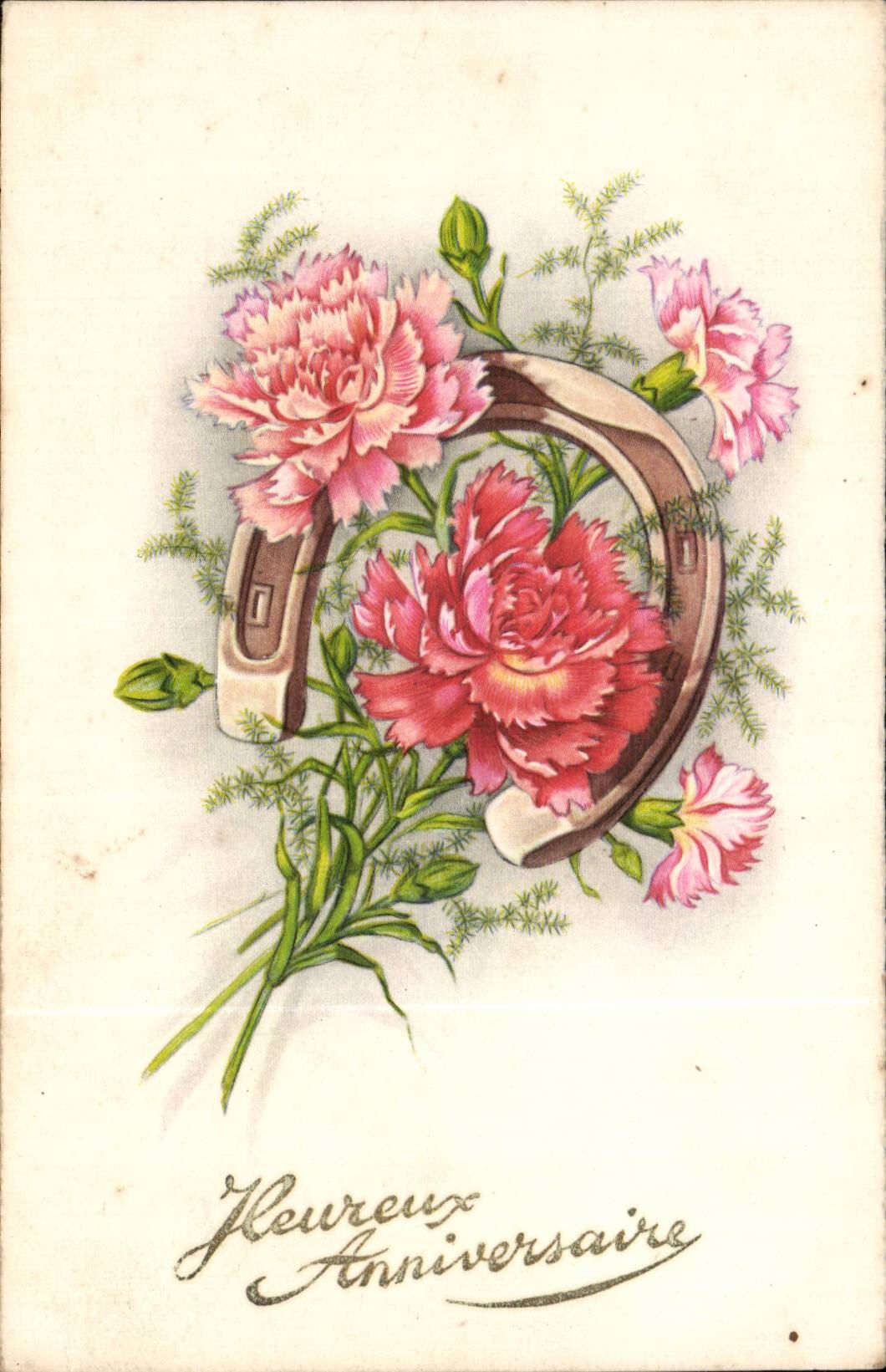 Fleurs Oeillet - Carnation - Heureux Anniversaire Fer a cheval - CPA 