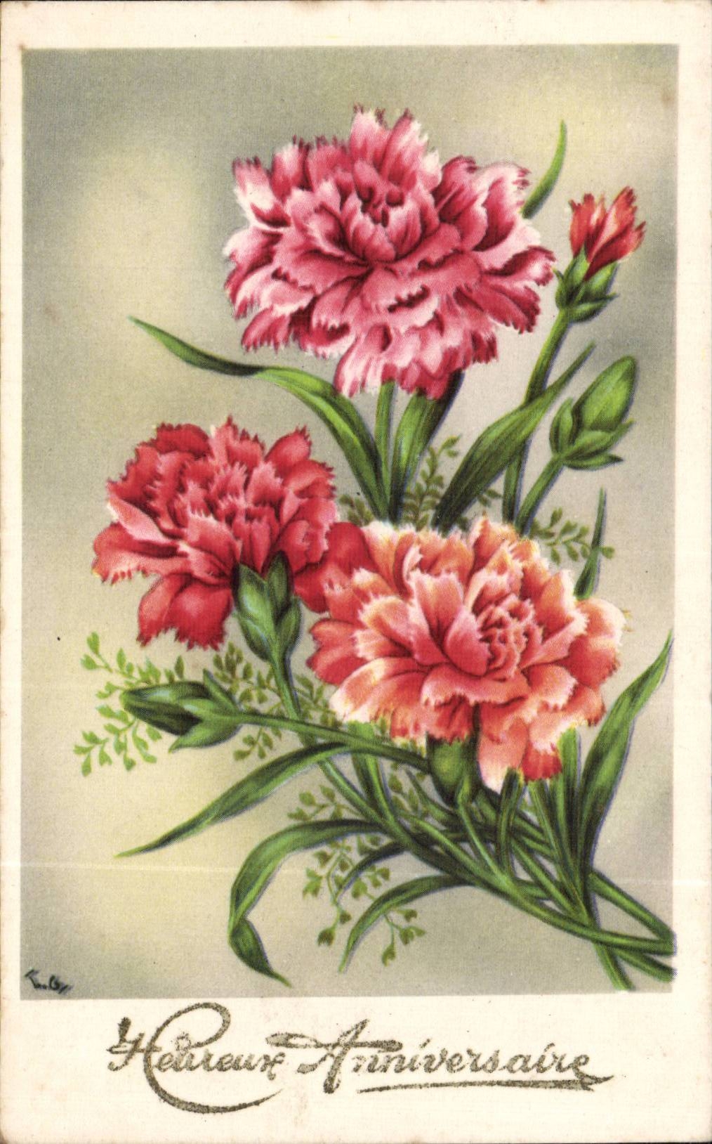 Fleurs Oeillet - Carnation - Heureux Anniversaire - CPA 