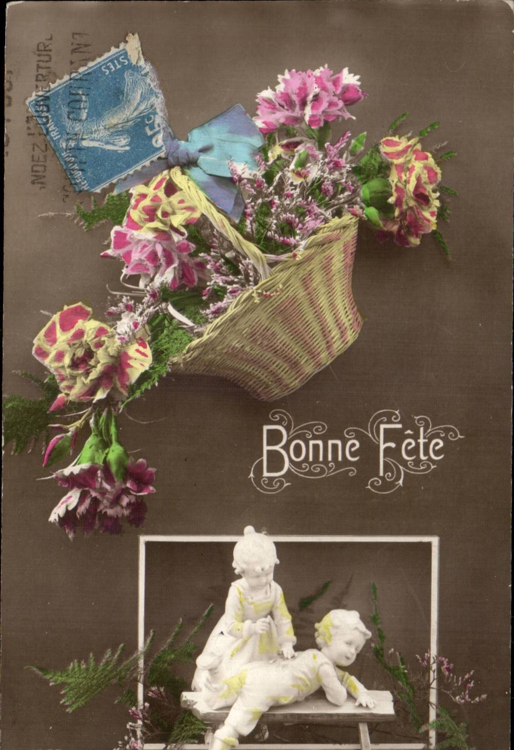 CPA Fantaisie Fleurs Bonne fete Santons