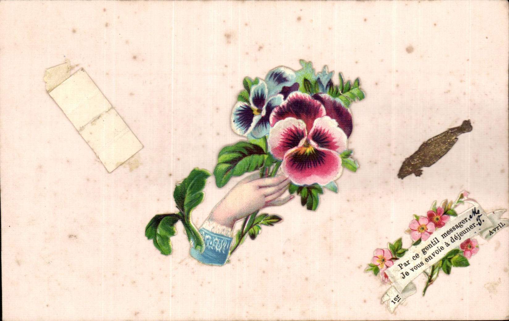 CPA Fantaisie Fleurs et main en relief