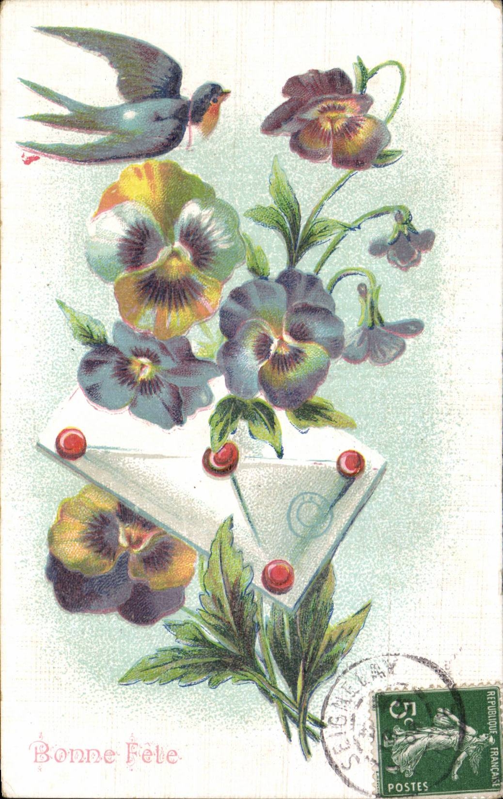 CPA Fantaisie Fleurs Bonne Fete Hirondelle 