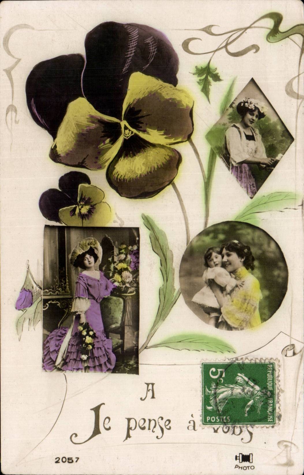 Fleurs Pensee - Pansy - Je pense a vous - femme - CPA 