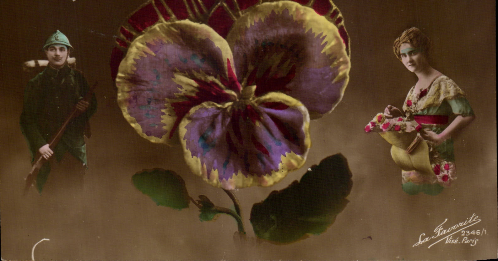 Fleurs Pensee - Pansy - militaria - soldat - femme - CPA 