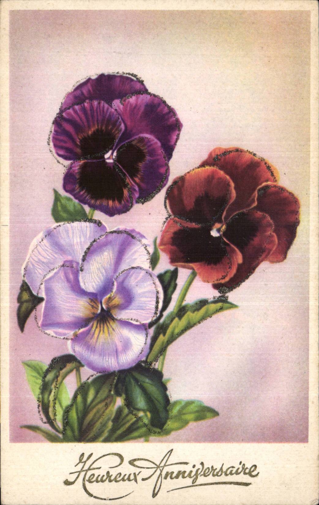 Fleurs Pensee - Pansy - Heureux Anniversaire - CPA 
