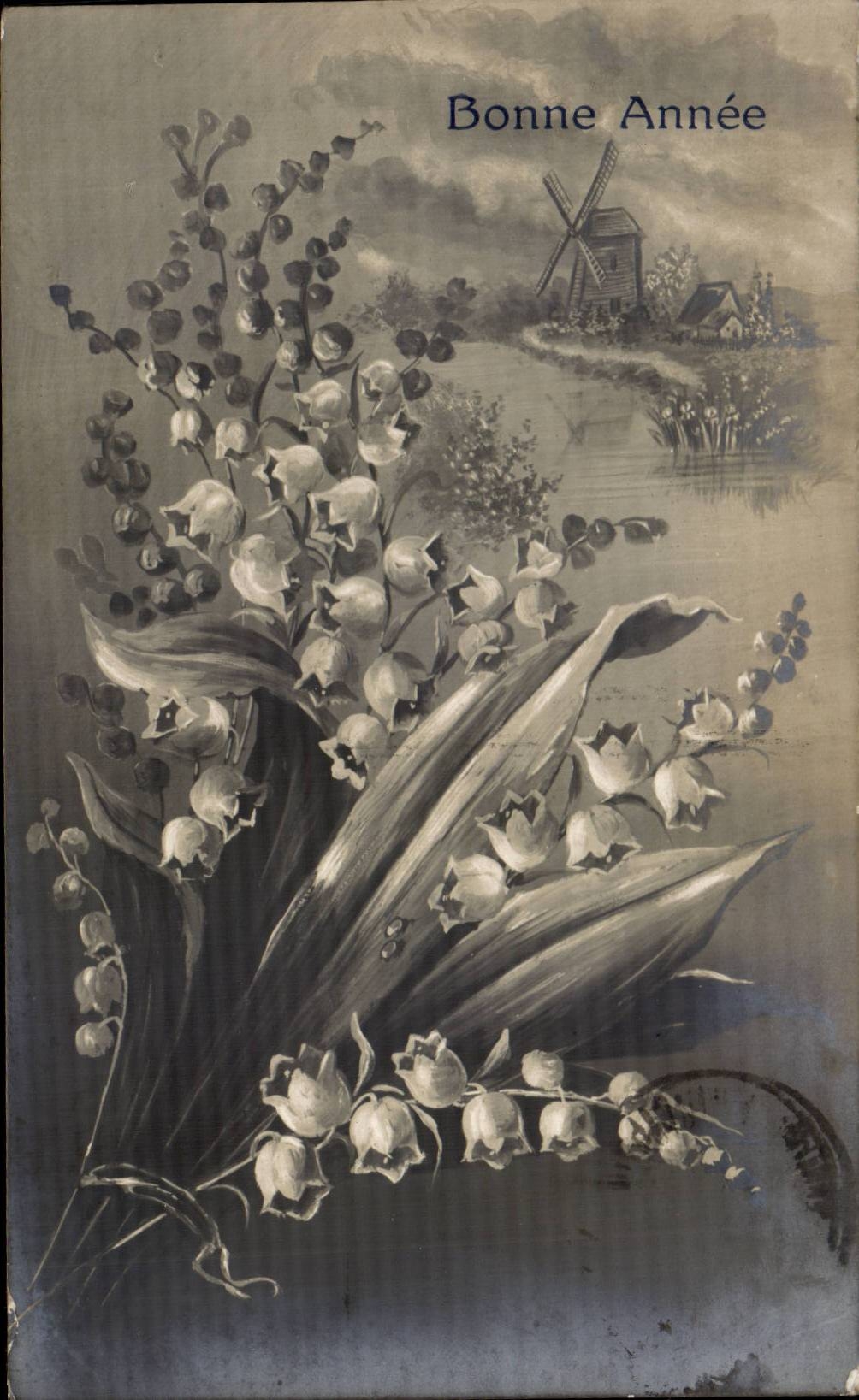 CPA Fantaisie Fleurs Muguet Bonne annee Moulin Windmill