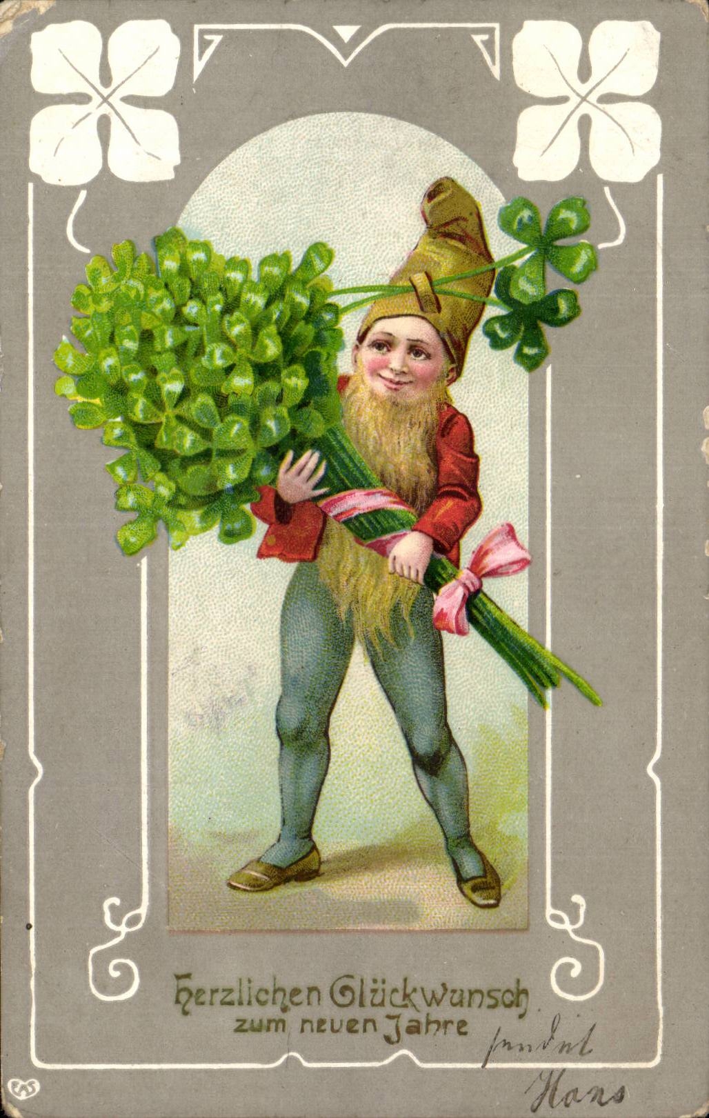 Fetes - Voeux - Herzlichen Glueckwunsch zum neuen Jahr Noel - trefle - four leaf clover - porte bonheur Lutin - CPA 