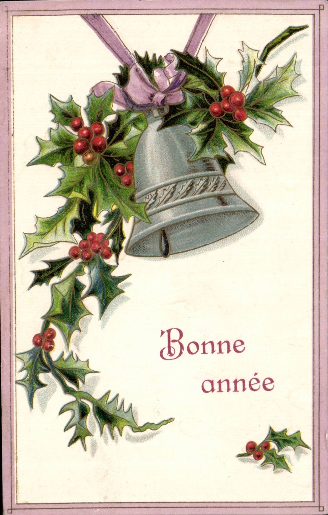 Festivals - Wishes - Happy New Year - bell - beautiful - houx - holly - CPA