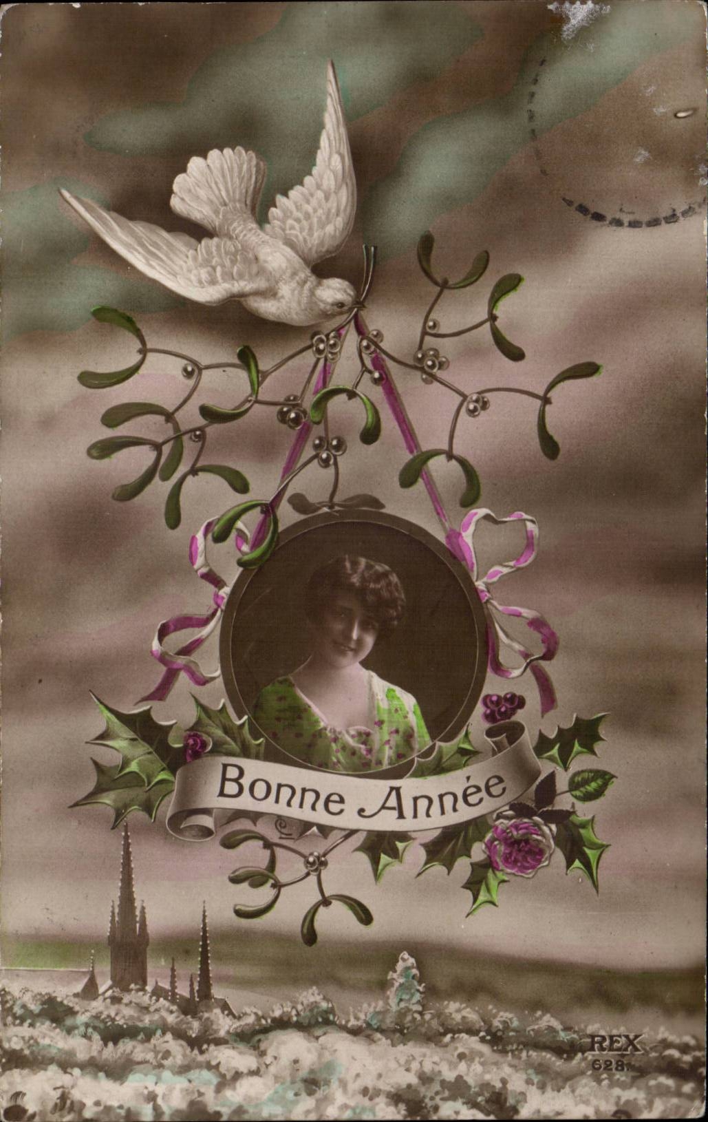 Festivals - Wishes - Happy New Year - houx - holly - woman - bird - woman - bird - CPA