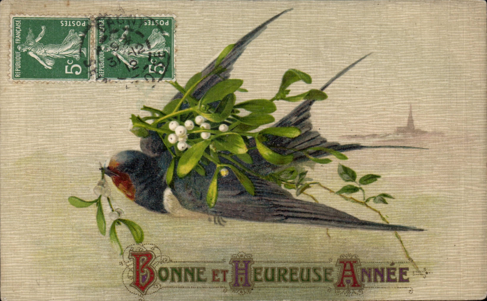Festivals - Wishes - Happy New Year - bird - bird - houx - holly Swallow - CPA