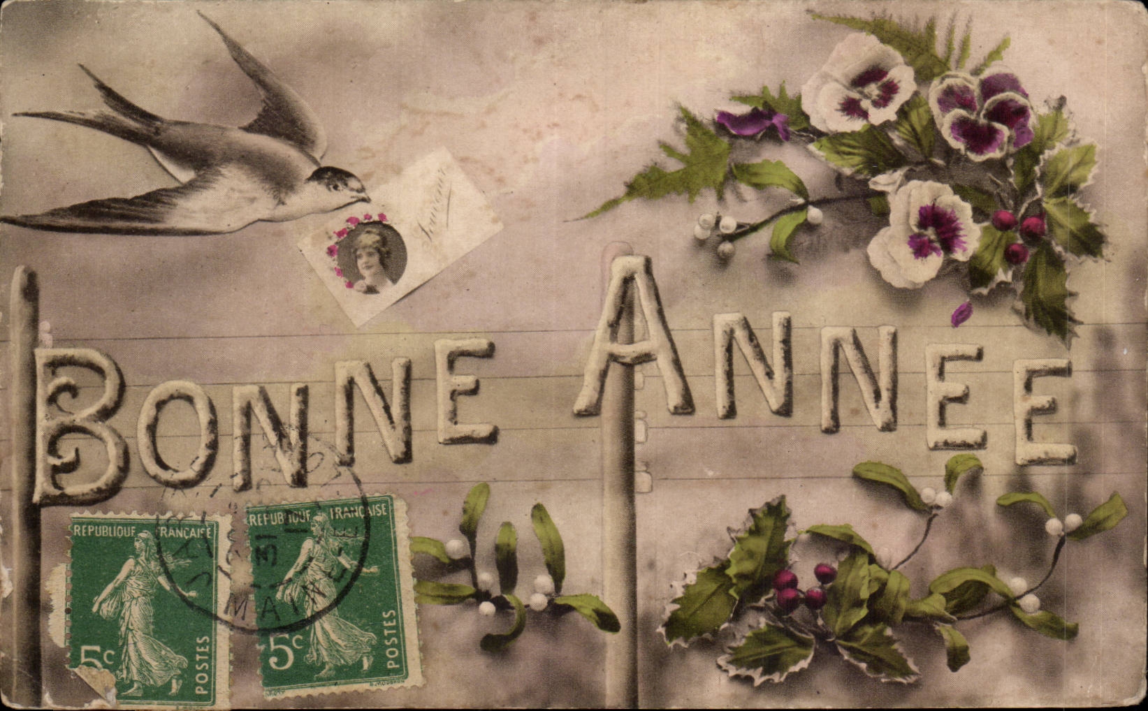 Festivals - Wishes - Happy New Year - houx - holly - bird - bird - thought - pansy - CPA