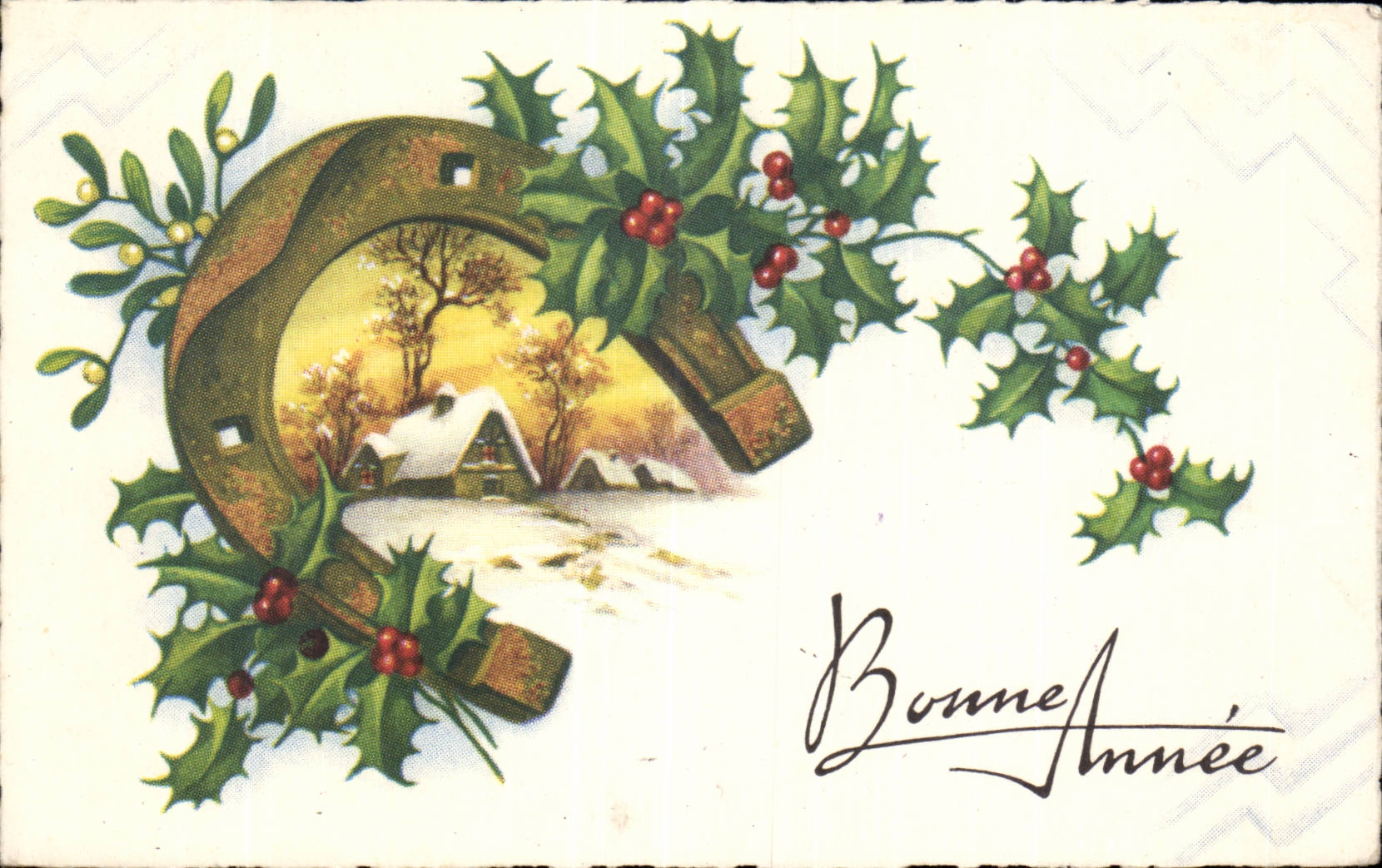 Festivals - Wishes - Happy New Year - houx - holly Horseshoe - CPA