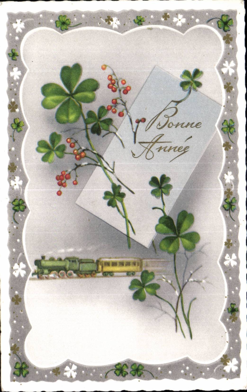 Festivals - Wishes - Happy New Year - clover - furnace leaf clover Train - houx - holly - CPA