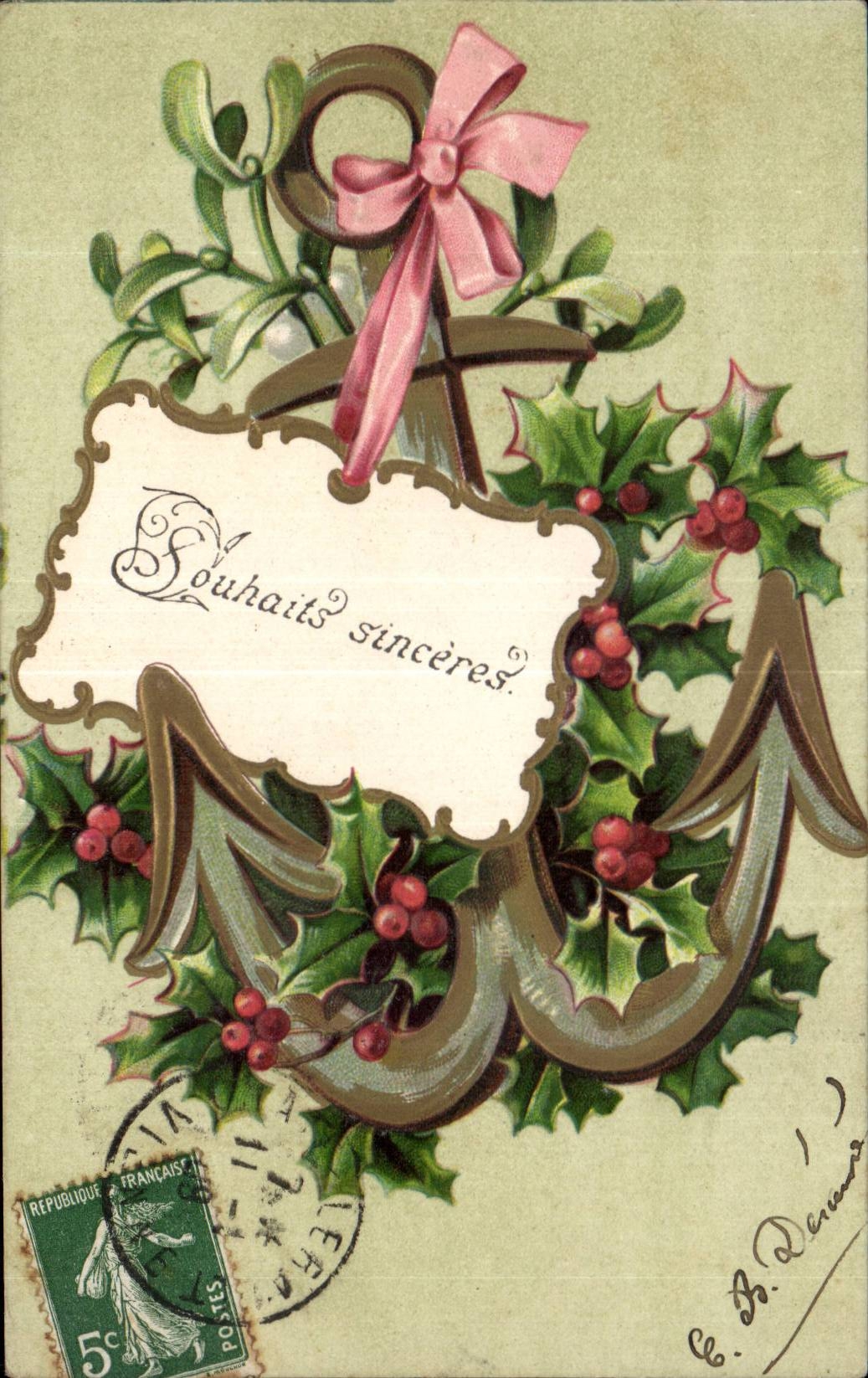 Fetes - Voeux - Souhaits Sinceres - houx - holly Ancre Anchor - CPA 