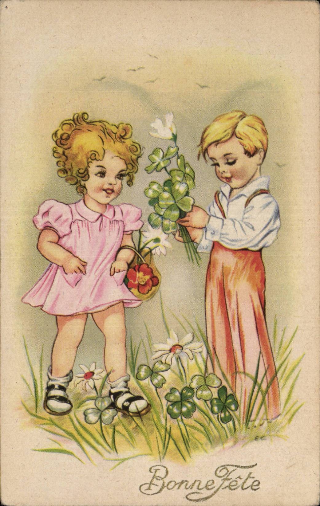 Fantaisie - Enfants - Porte Bonheur - trefle - four leaf clover - CPA 