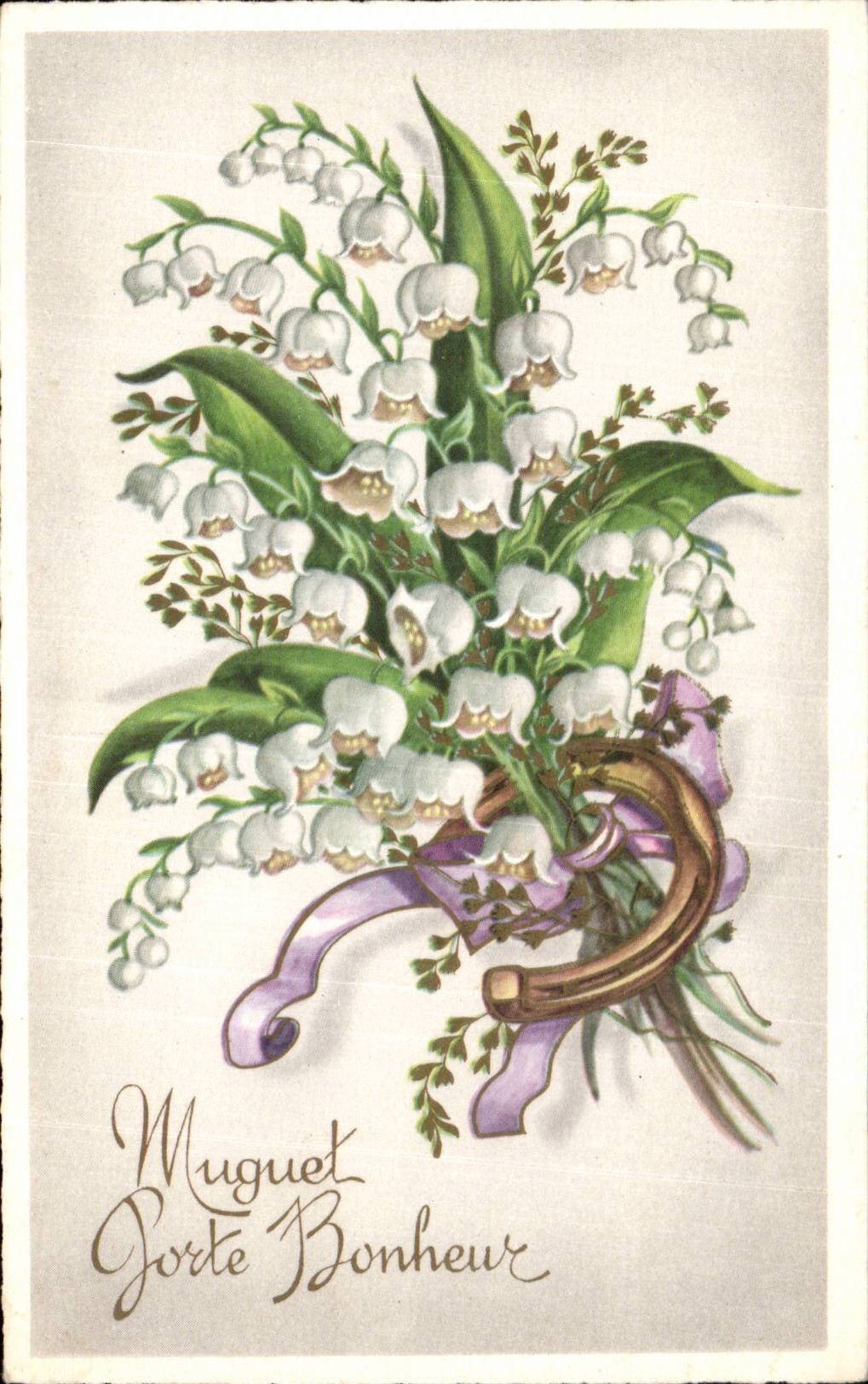 CPA Fantaisie Fleurs Muguet Porte bonheur Fer a cheval