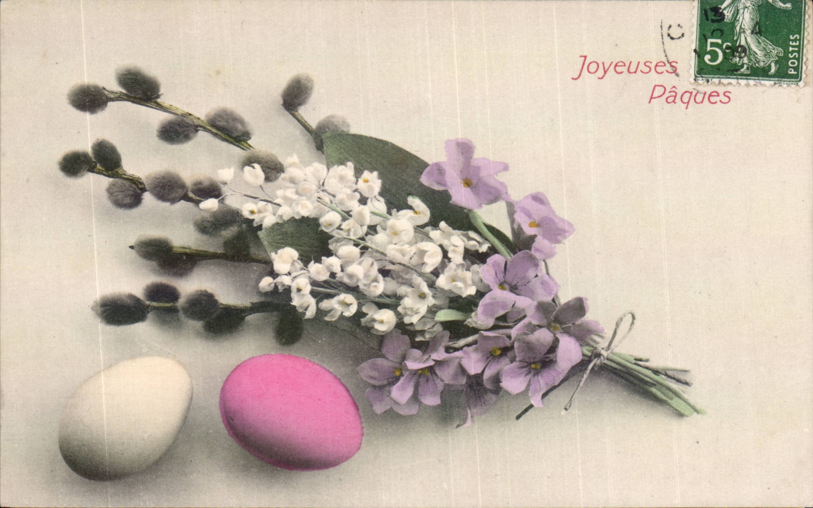CPA Fantaisie Fleurs Muguet Porte bonheur Paques ouefs Easter