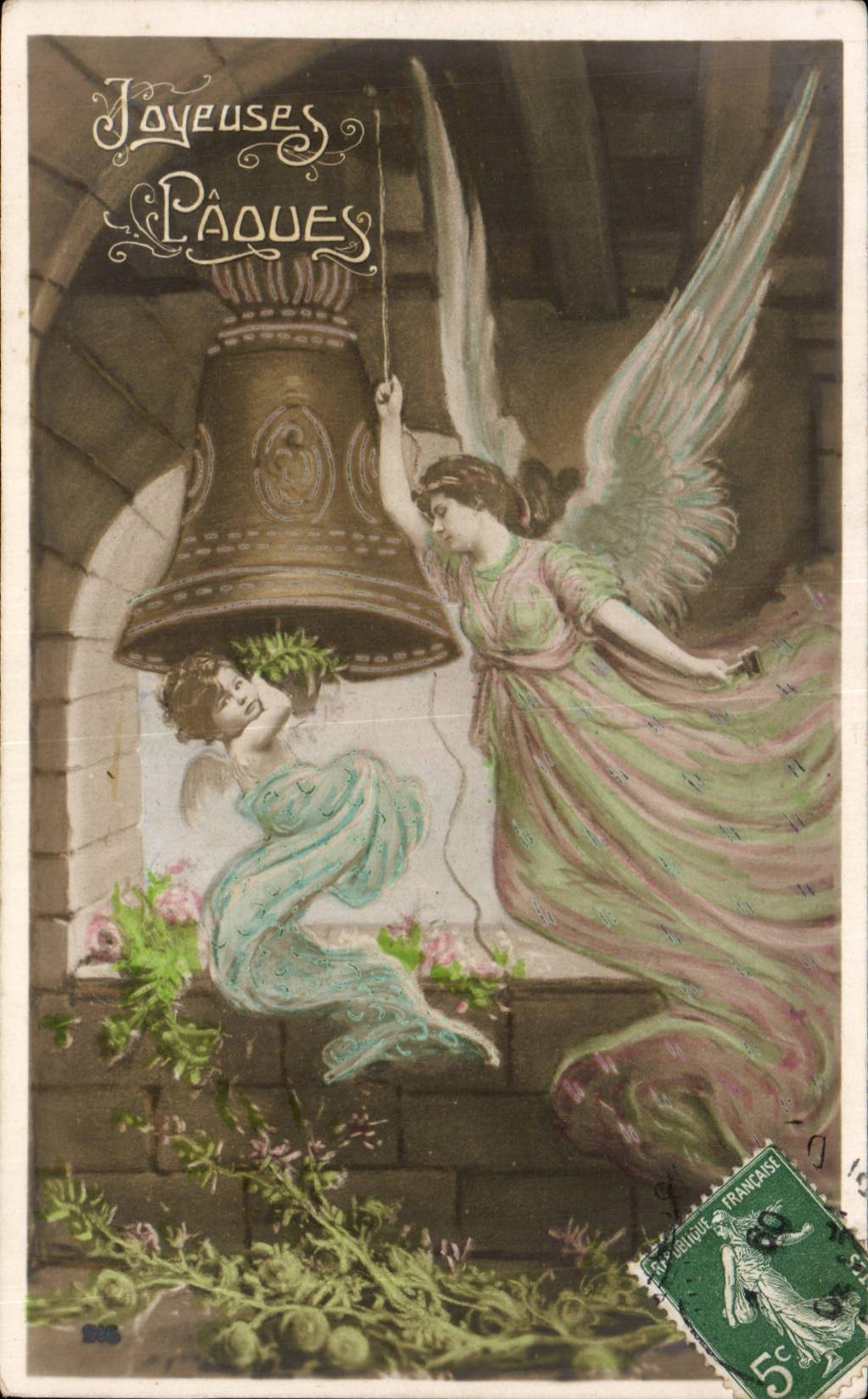 CPA Fantaisie Cloche Ange Angel Paques Easter