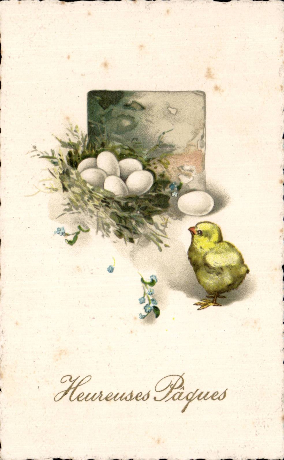 Festivals - Wishes - Holiday - Easter - Easter - Ostern - chick and little nest off eggs - CPA