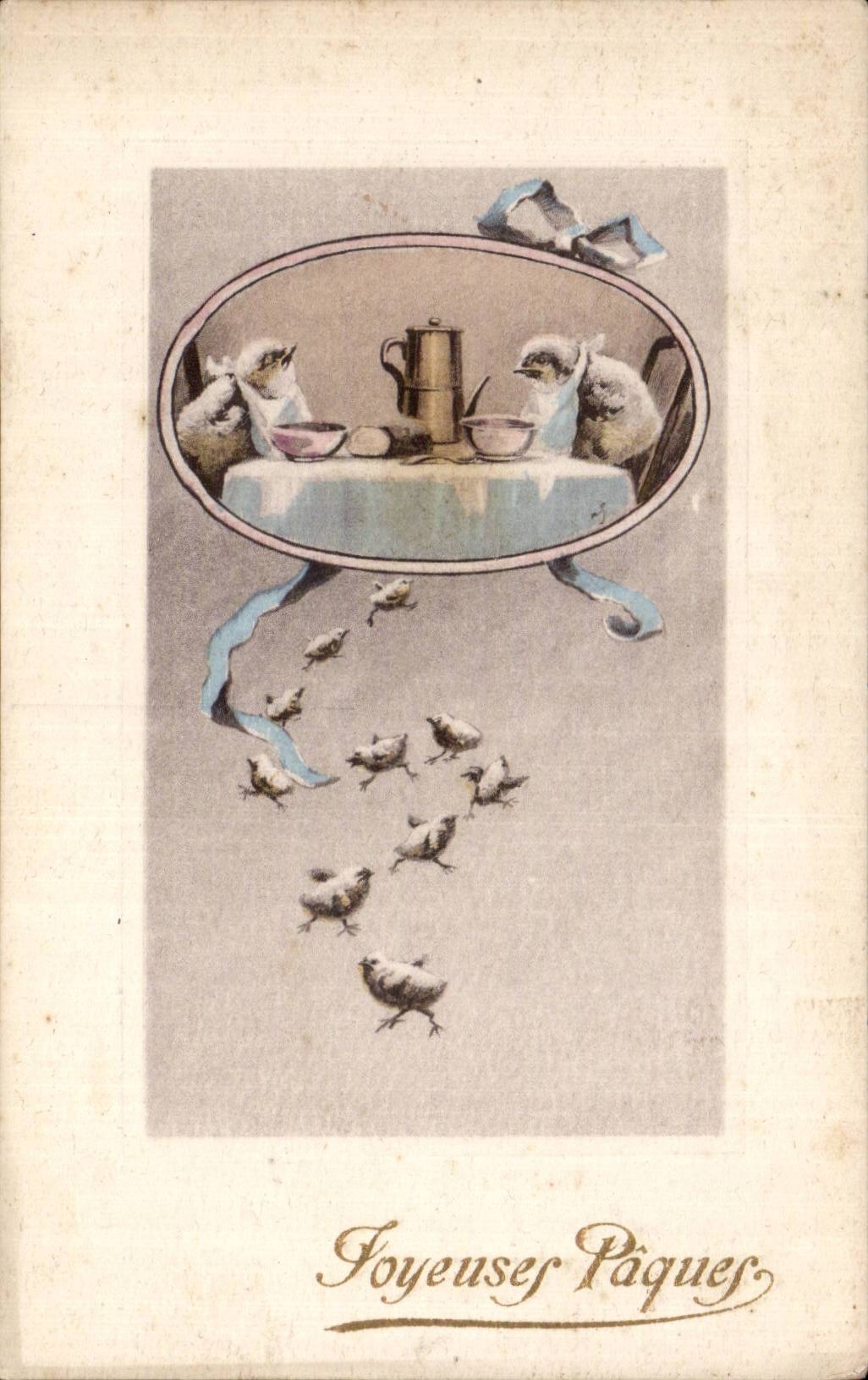 Fetes - Voeux - Holiday - Paques - Easter - Ostern - chicks at dinner - CPA