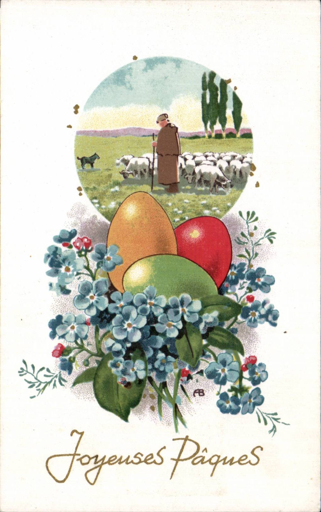Festivals - Wishes - Holiday - Easter - Easter - Ostern - eggs and shepherd - CPA
