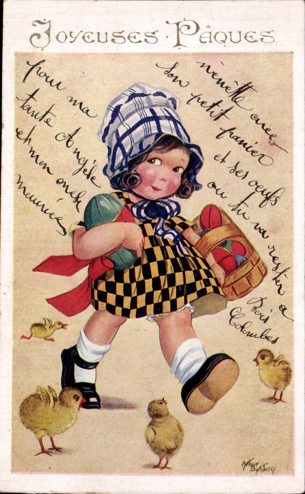 Fetes - Voeux - Holiday - Paques - Easter - Ostern - darling girl with picnic basket - CPA 