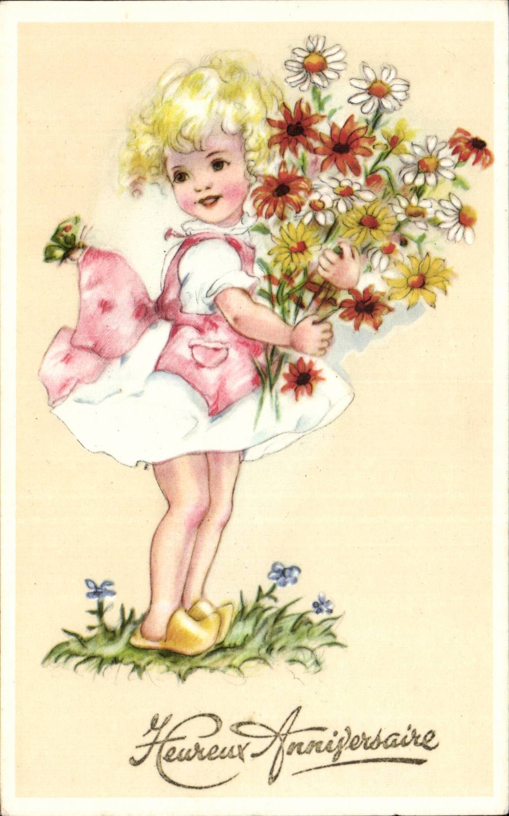 CPA Fantaisie Enfant Fleurs Heureux anniversaire