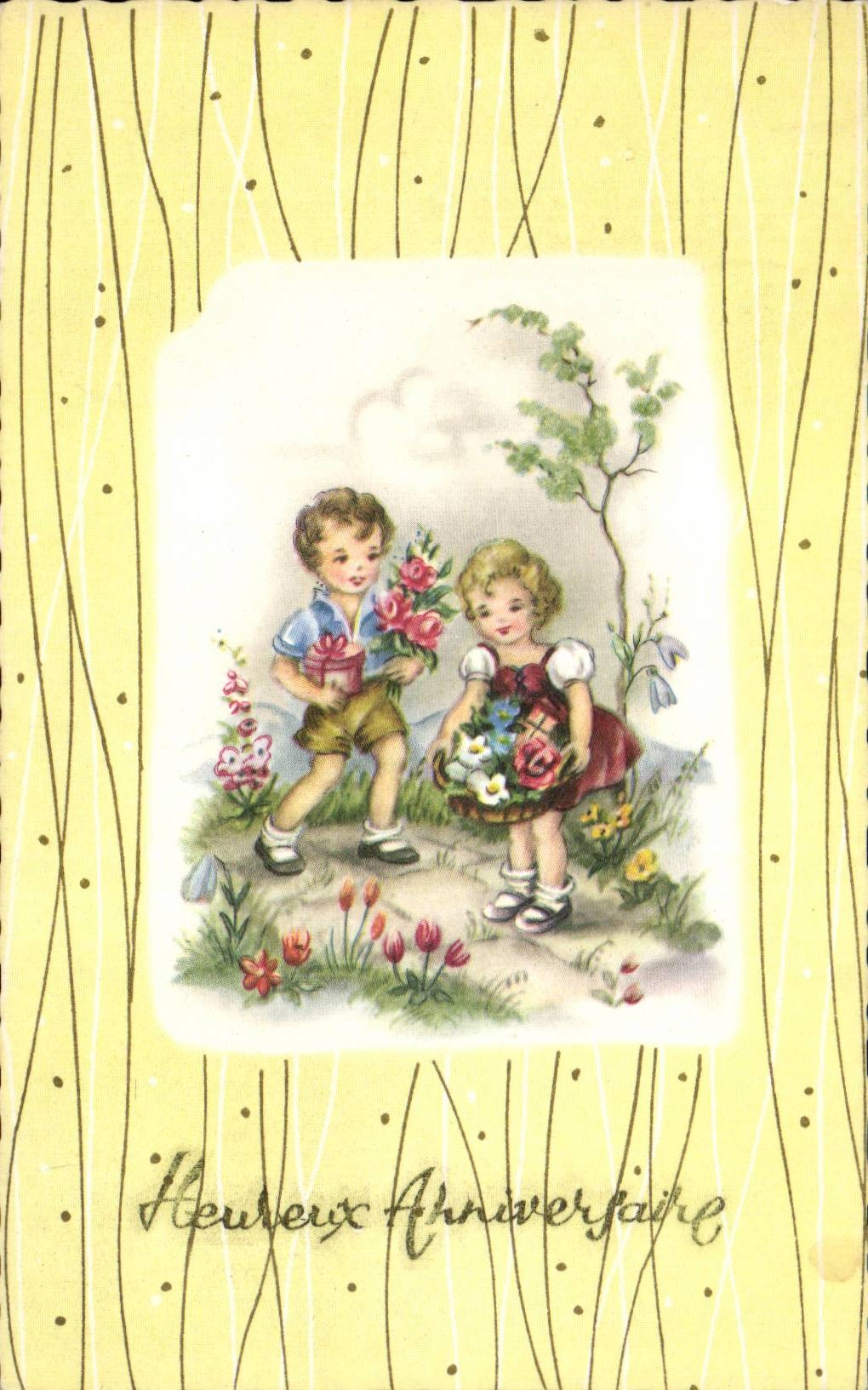 CPA Fantaisie Enfant Fleurs Heureux anniversaire