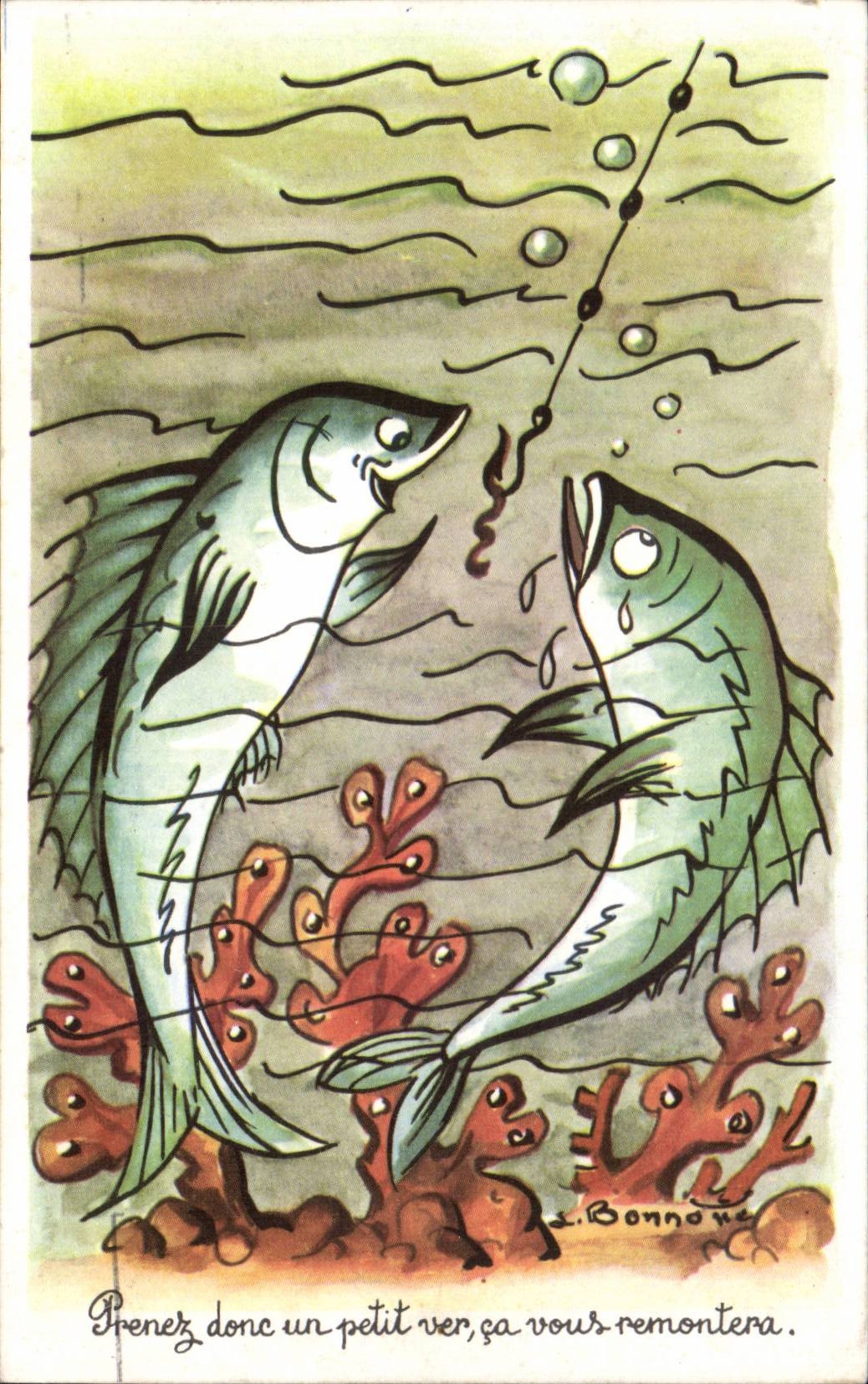 CPA Fantaisie Poissons Prenez donc un petit ver