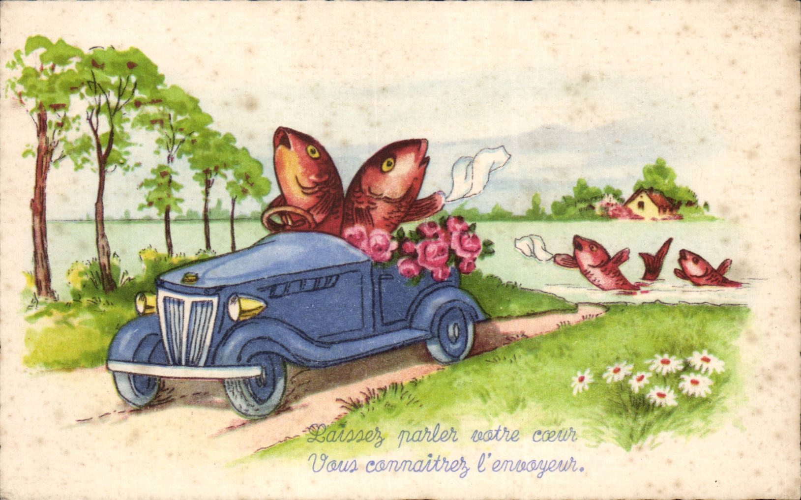 CPA Fantaisie Poissons Automobile