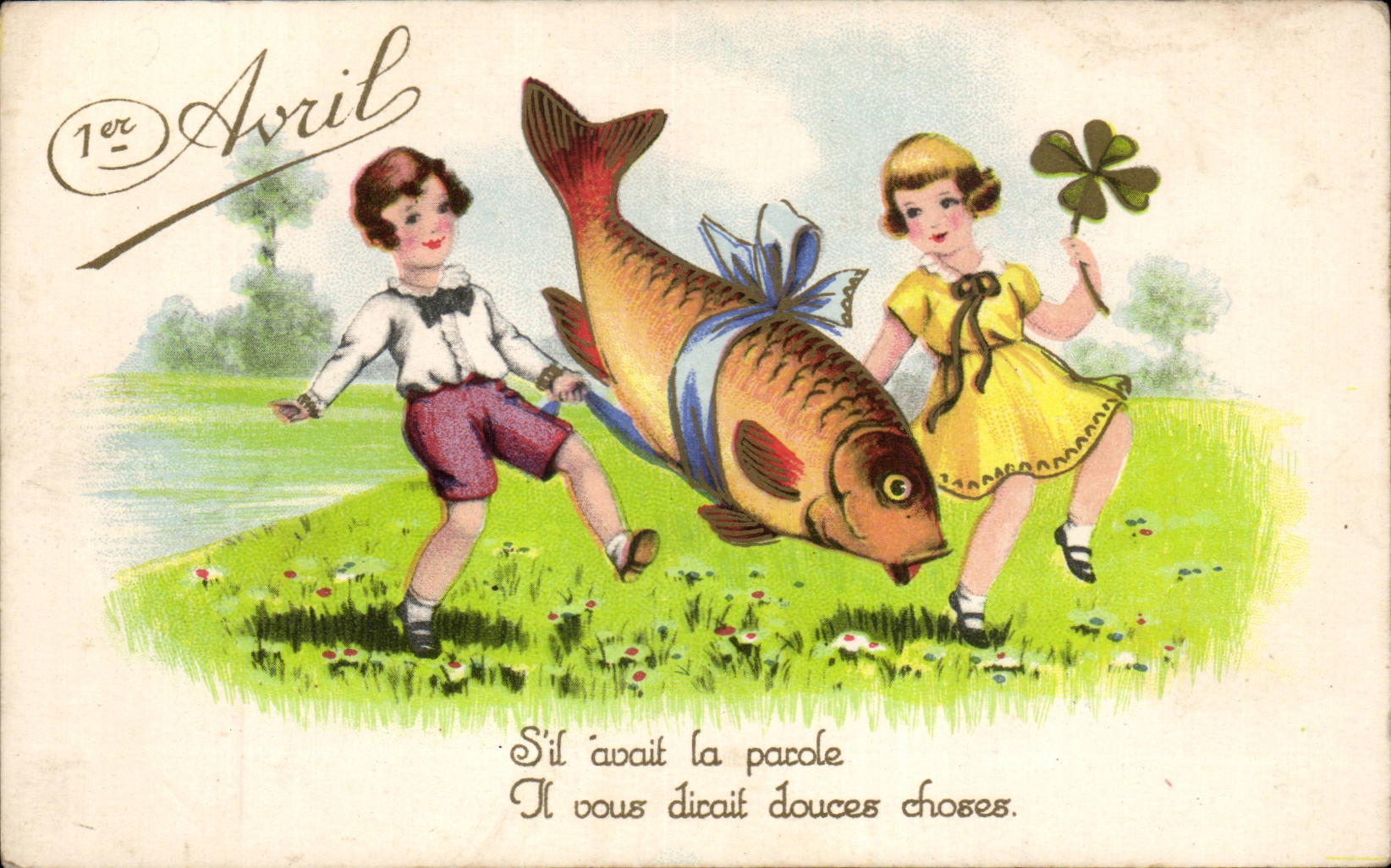 CPA Fantaisie Enfants Poisson 1er avril Paques Easter