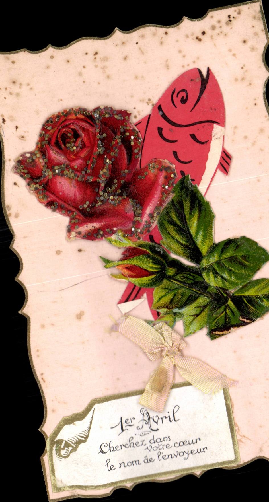 CPA Fantaisie Poisson et rose Paques Easter