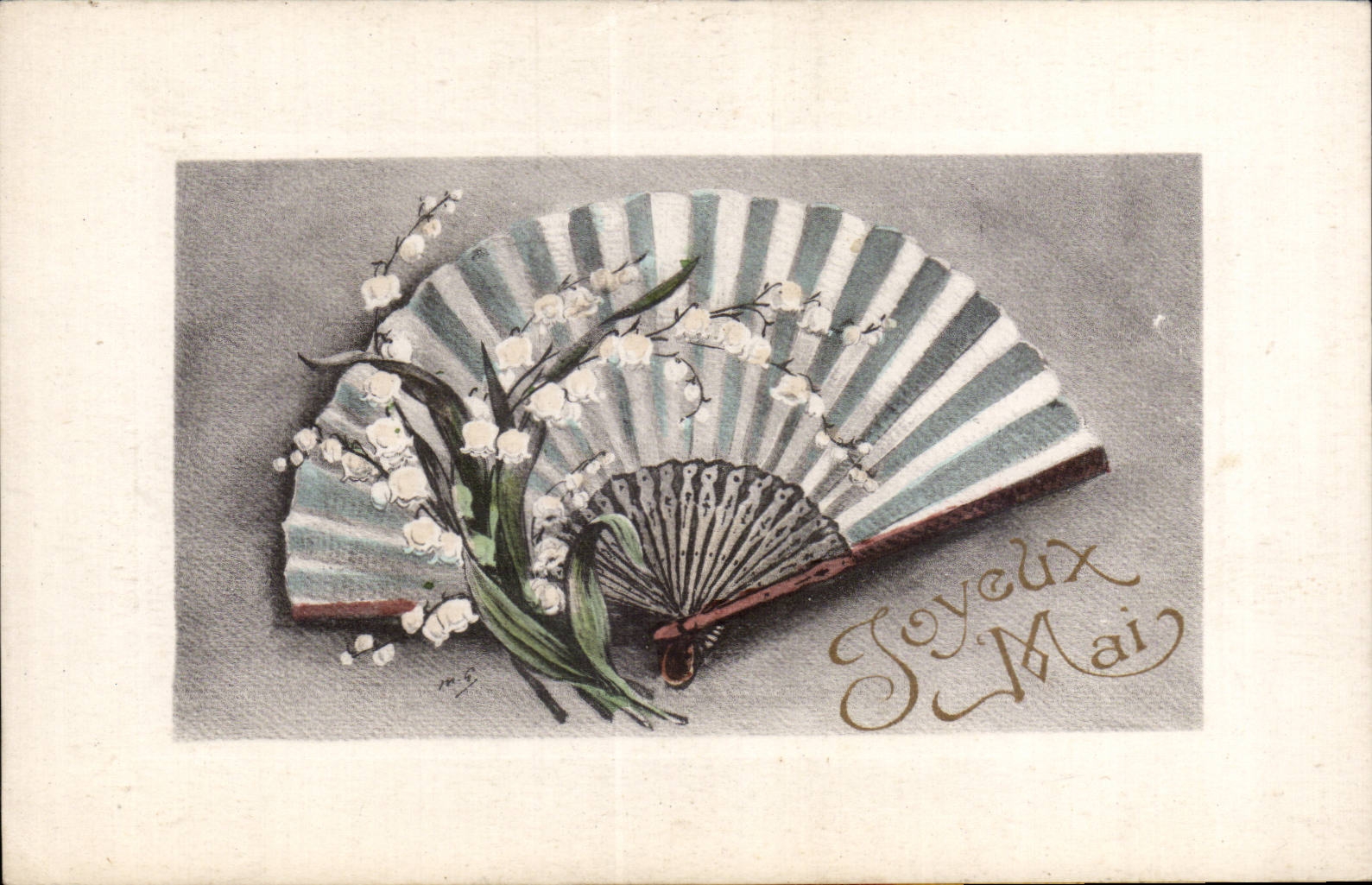 CPA Fantaisie Joyeux Mai Eventail Muguet Fleur 