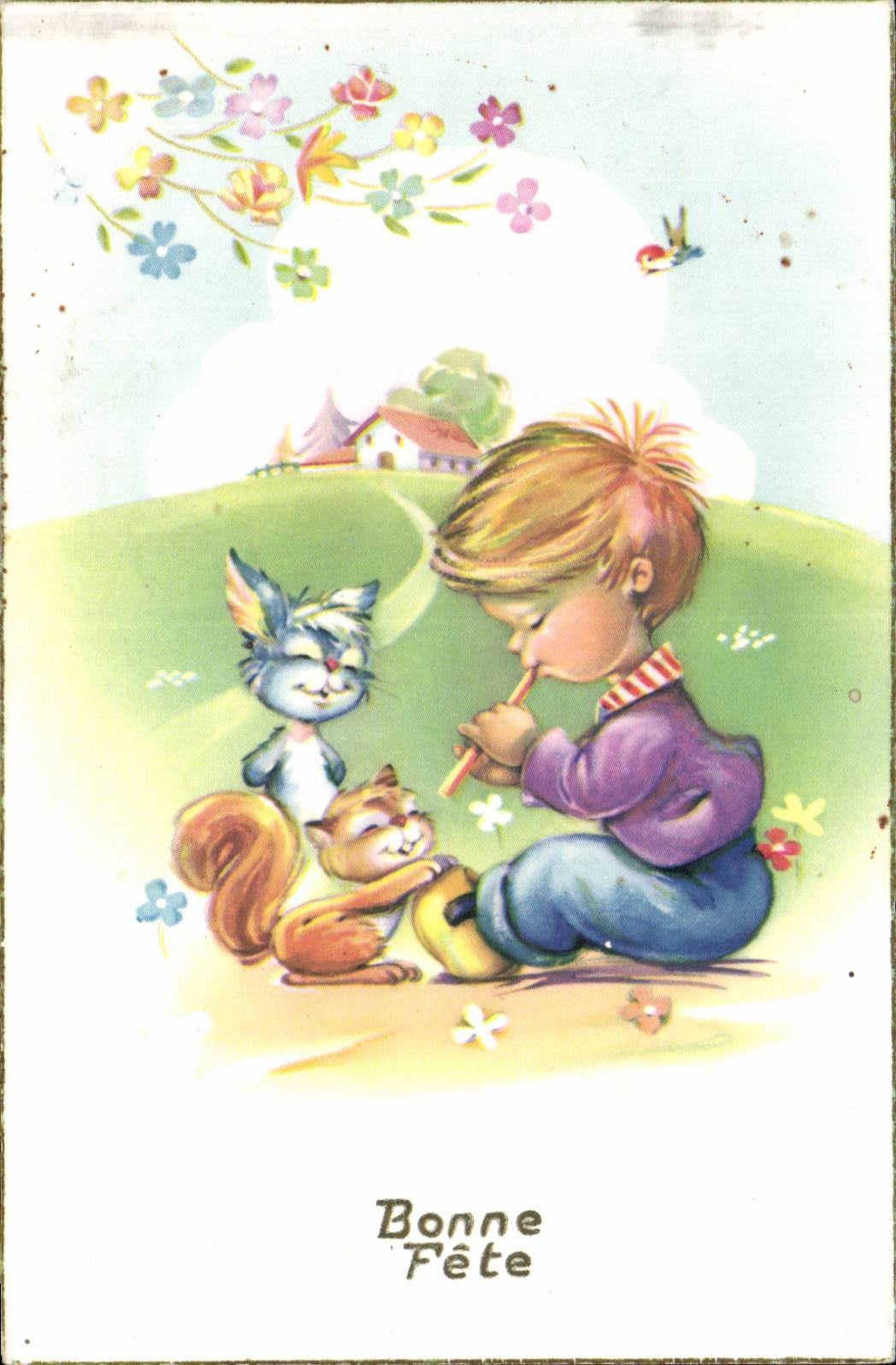 CPA Fantaisie Chat et ecureuil Bonne fete