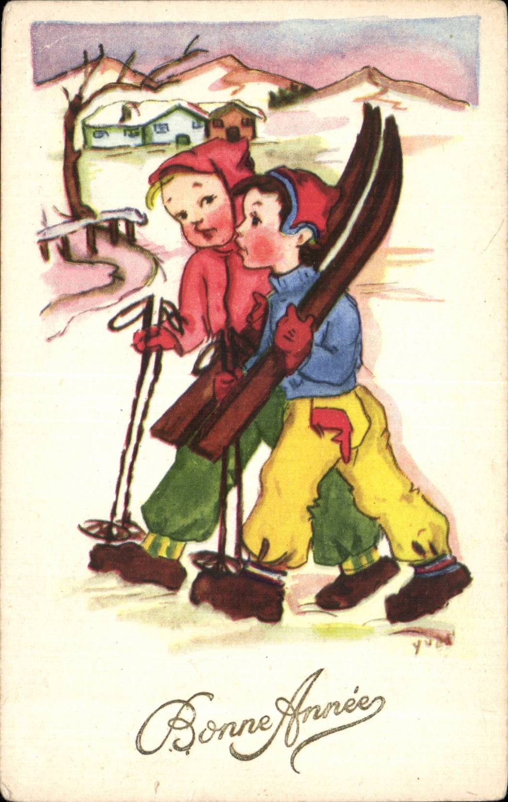 Festivals - Wishes - Happy New Year - New Year - shi - skiing - CPA