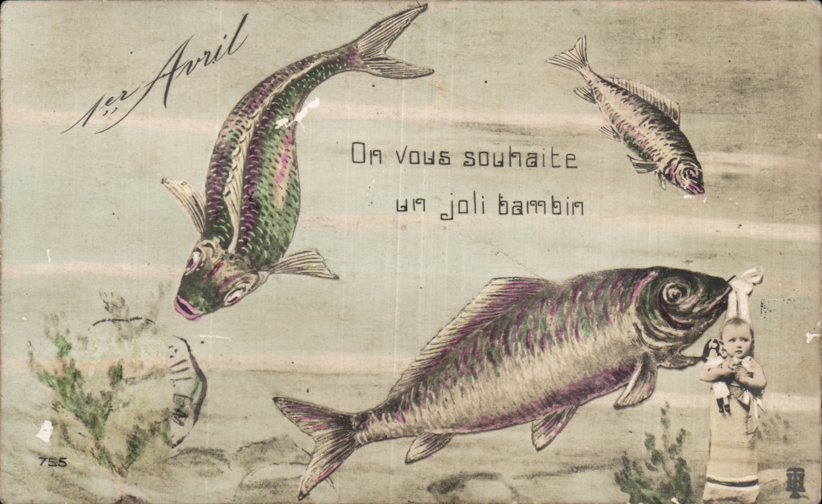Festivals - Wishes - Poisson April - April Fool - fish and baby - CPA