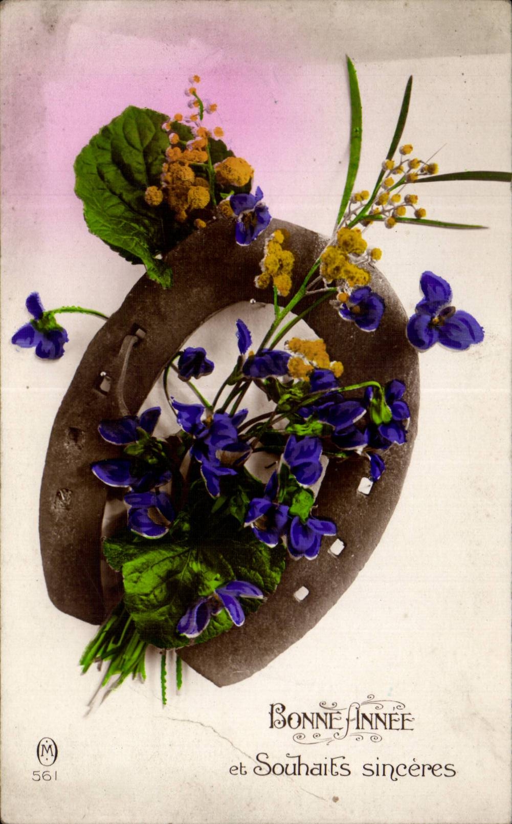 CPA Fantaisie Fleurs Bonne annee Fer a cheval