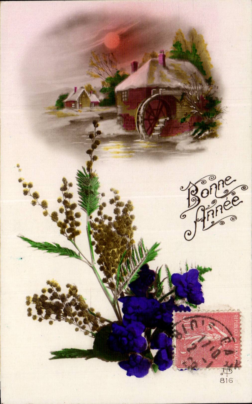 La fantasia de CPA florece el molino de la Feliz Ano Nuevo